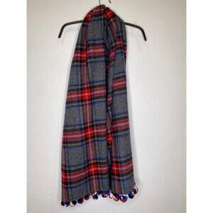 J. Crew Tartan Plaid Pom Pom Trim Holiday Scarf Gray Red Blue EUC OS Winter
